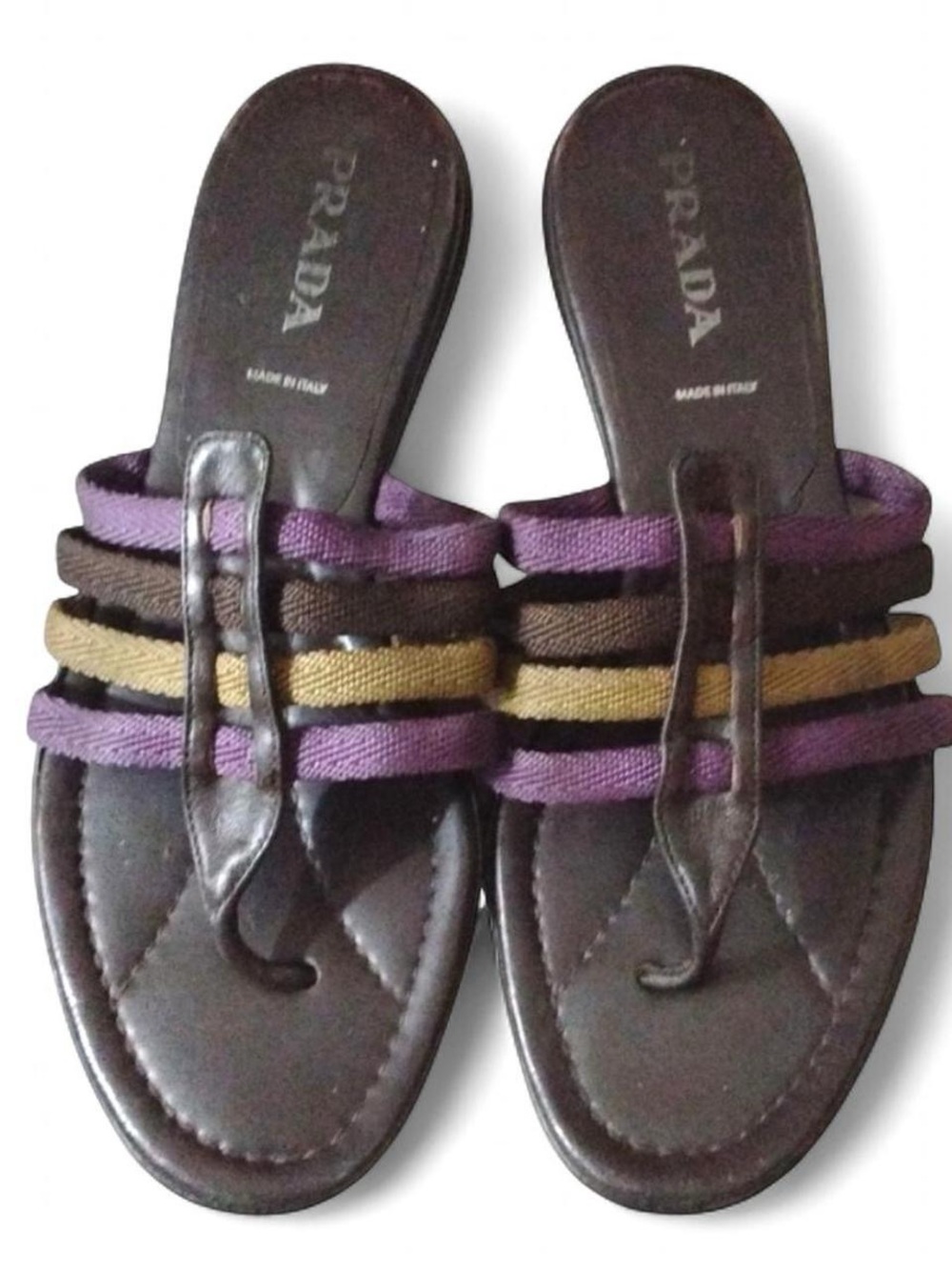 Prada Brown Leather Slide Sandals with Purple and Tan Straps
